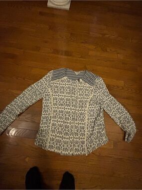 XL Lucky Brand Zip Jacket M Cream Blue Medium Ivory Striped Fringe